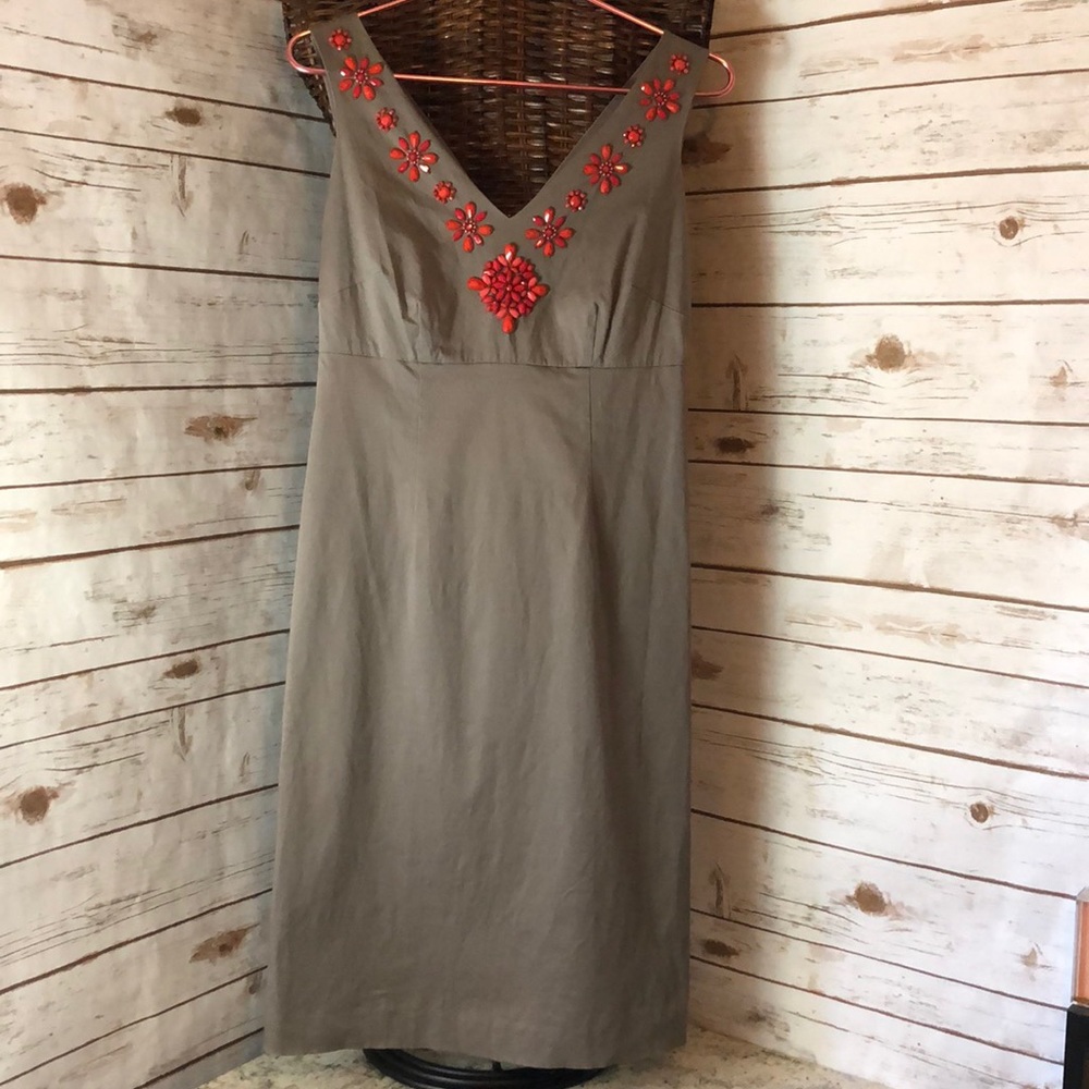 Boden dress TAUPE with RED beading